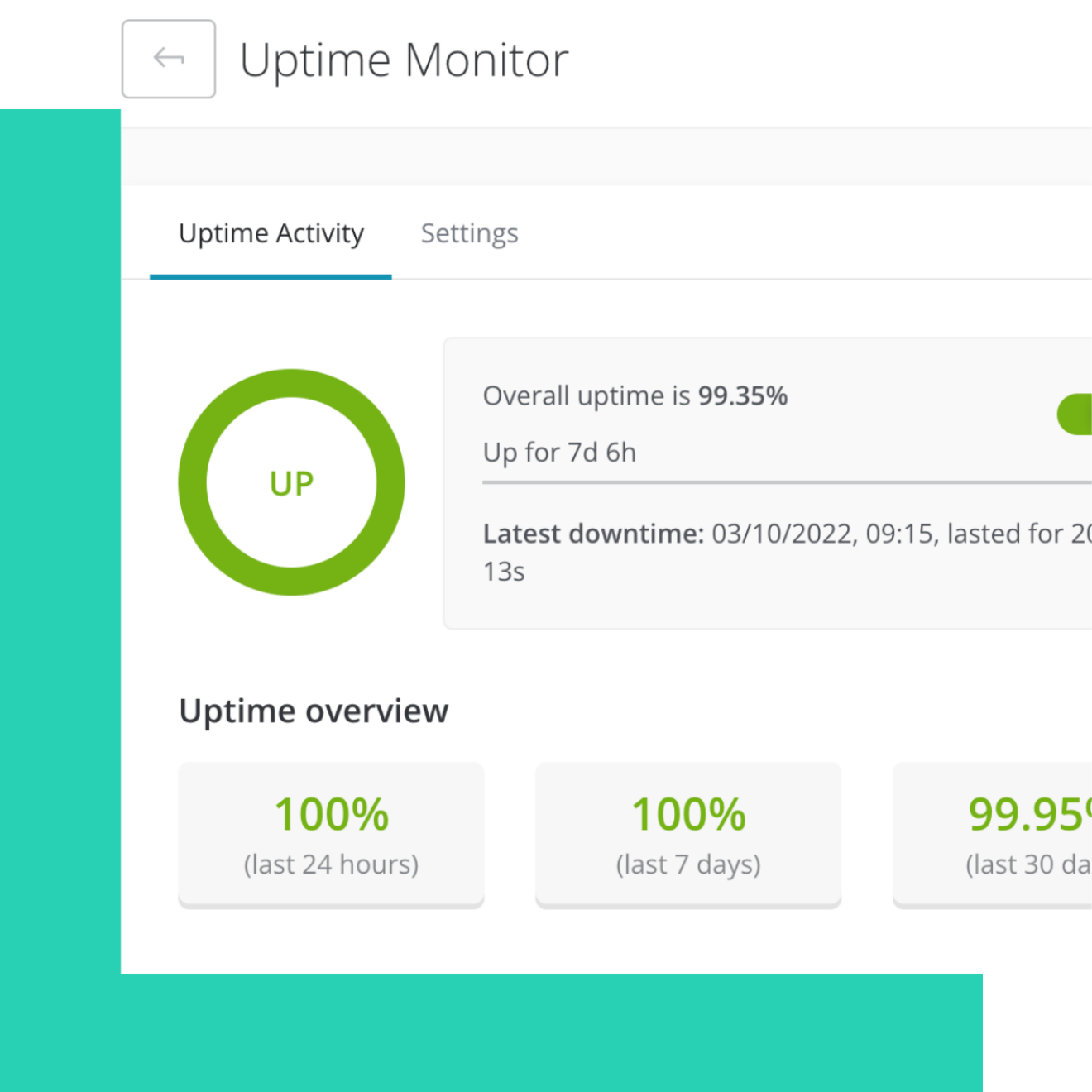 Uptime Monitor zeigt Uptime Activity von 99%. Screenshot.