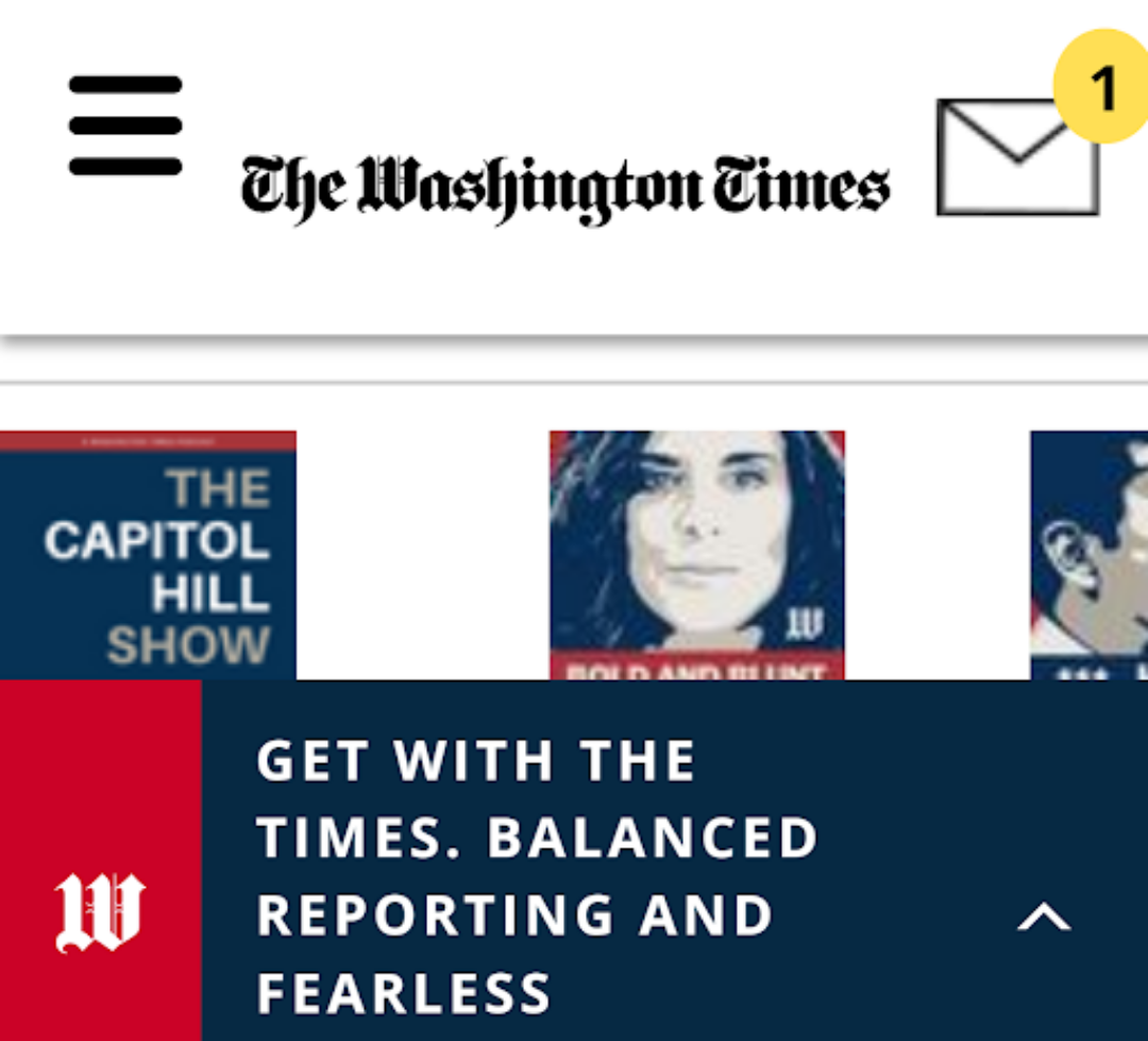 Mobile View of start page of The washington times, covered by a large text element. Screenshot.
