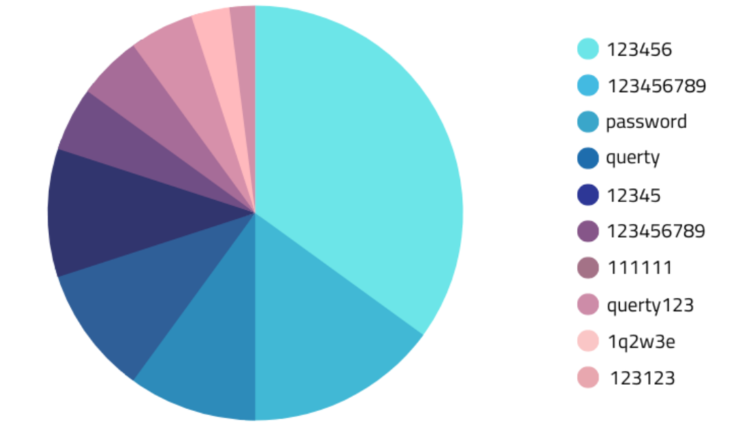 The pie chart shows the 10 most used passwords in proportion. Top 3 are 123456, 123456789 and password.