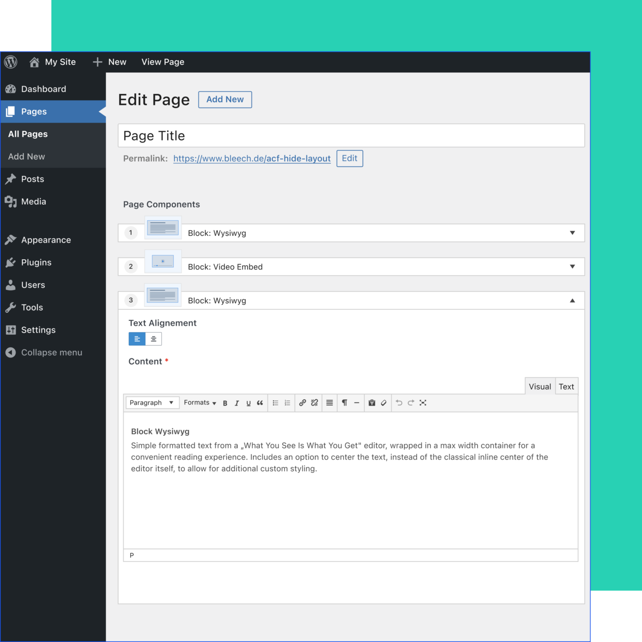 Graphic showing content blocks in the WordPress backend.