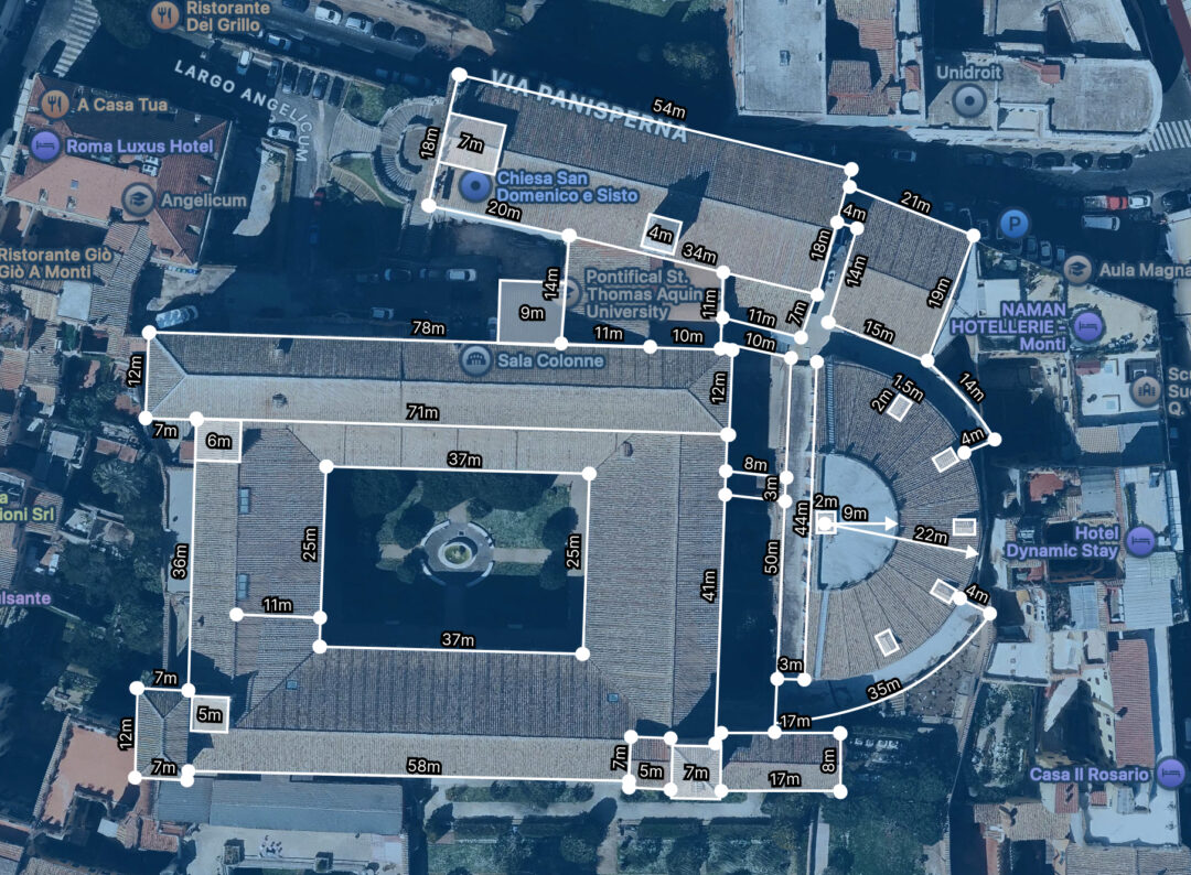 Screenshot of Google Maps showing a top-down view of a building with measurement lines overlaid, indicating the dimensions being recorded
